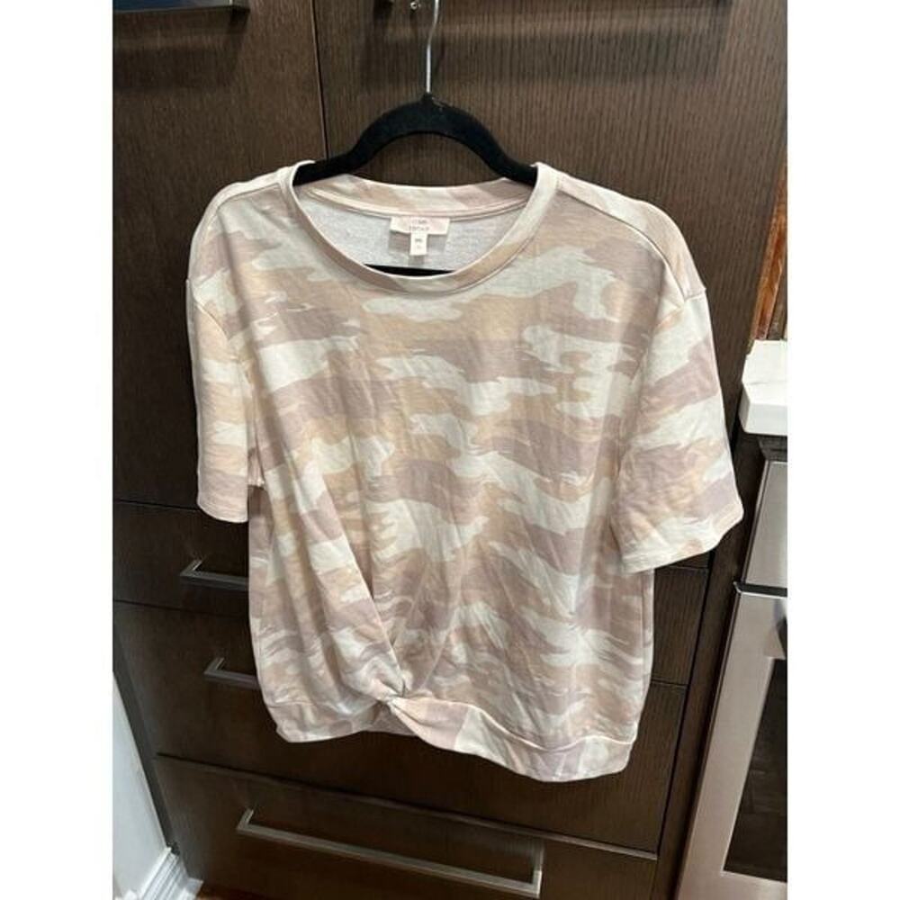 COMO VINTAGE Sz XXL Beige Brown Cream‎ CAMO Twist Knot Knit TEE Top Tunic new